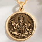 14K solid gold Hanuman God Amulet Necklace: round  of Hanuman Hindu deity with engraved...