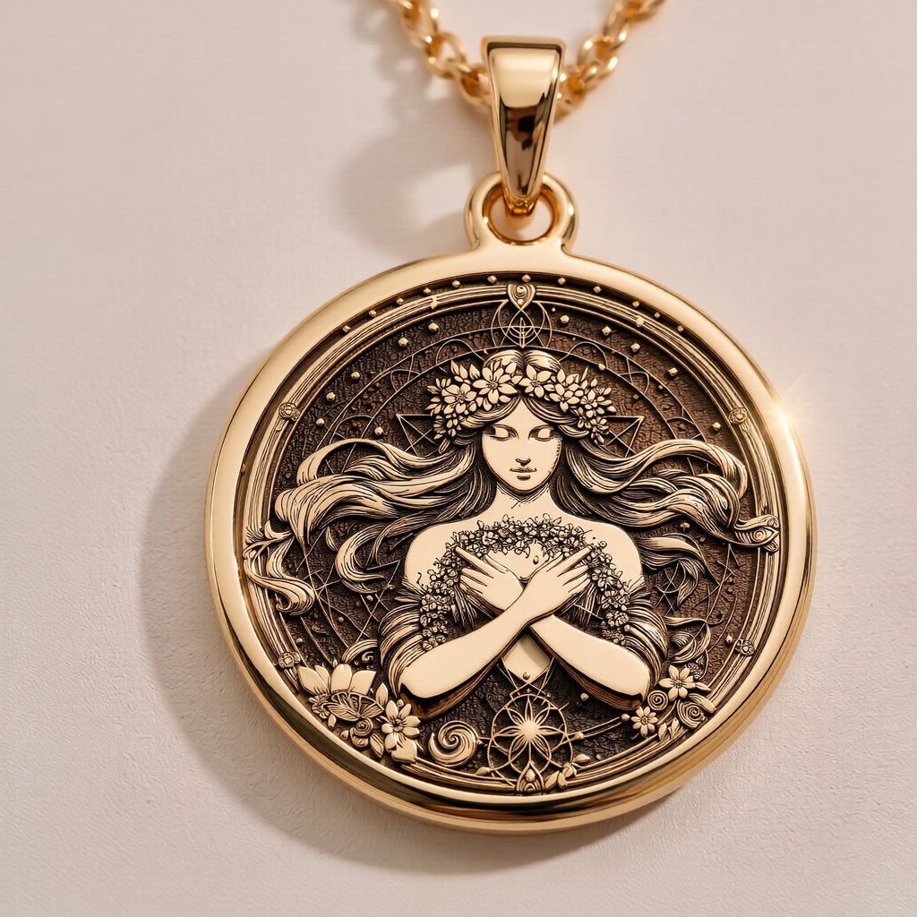 Harmonia Goddess Medallion Necklaces 925 925 Sterling Silver engraved portrait pendant necklace with classical female figure on dark fabric