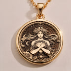 Harmonia Goddess Medallion Necklaces 925 925 Sterling Silver engraved portrait pendant necklace with classical female figure on dark fabric