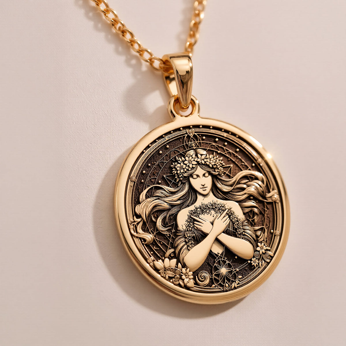 Harmonia Goddess Medallion Necklaces 14K Rose 14K 14K Rose Gold Plated pendant necklace featuring an ornate portrait face surrounded by floral scrollwork.