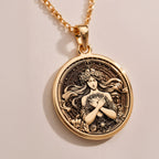 Harmonia Goddess Medallion Necklaces 14K Rose 14K 14K Rose Gold Plated pendant necklace featuring an ornate portrait face surrounded by floral scrollwork.
