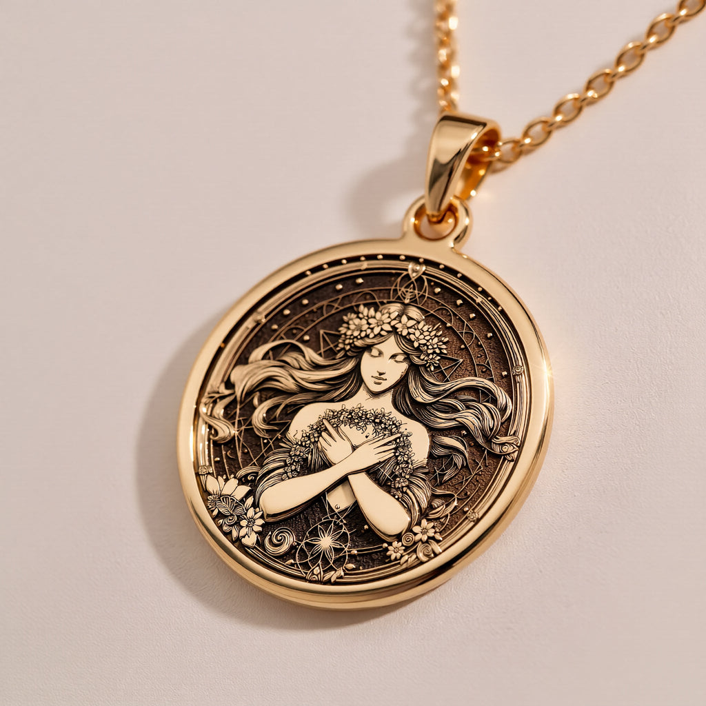 Harmonia Goddess Medallion Necklaces 14K Rose 14K 14K Rose Gold Plated pendant necklace featuring an engraved portrait design on a round disc.