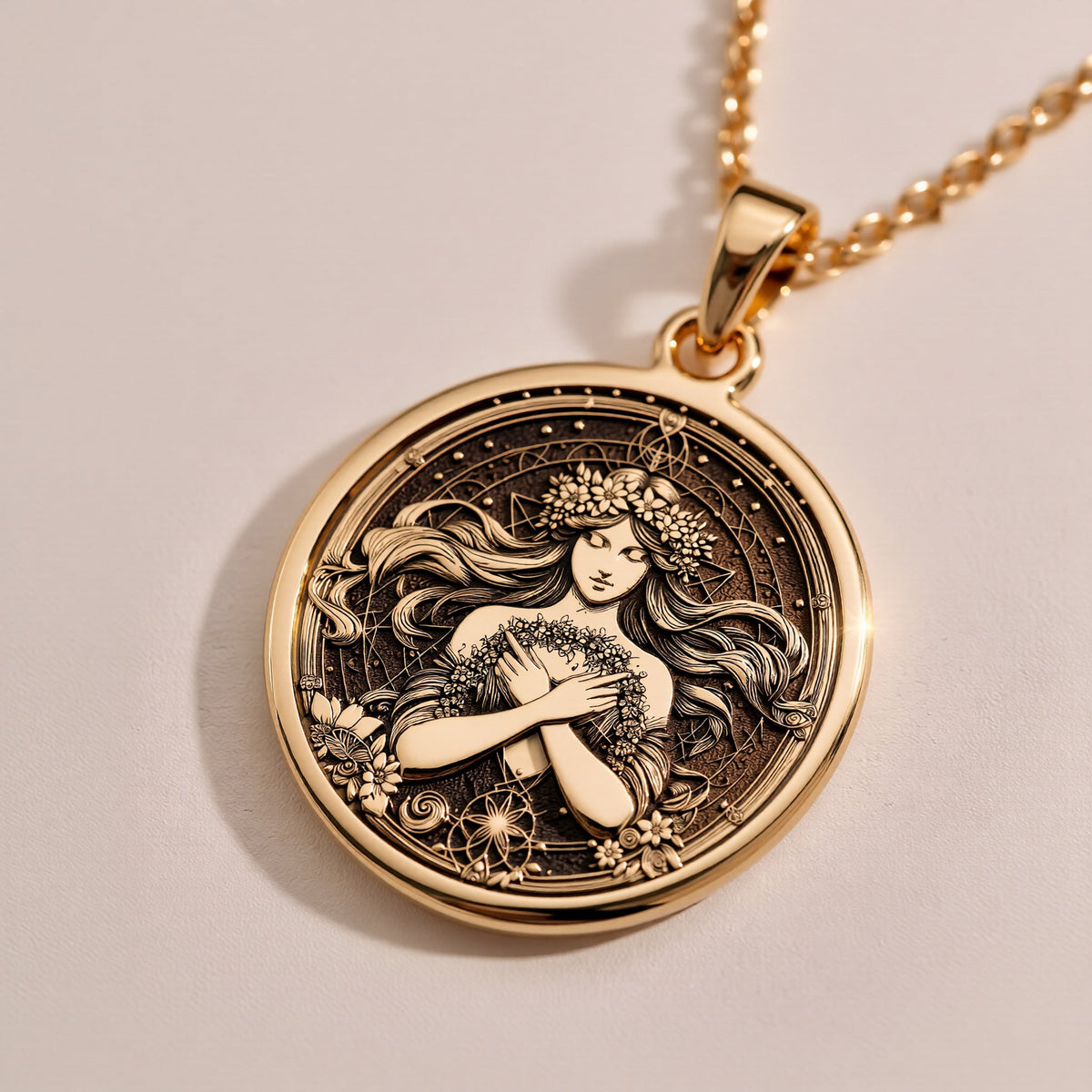 Harmonia Goddess Medallion Necklaces size chart with pendant dimensions and chain length options
