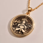 Harmonia Goddess Medallion Necklaces size chart with pendant dimensions and chain length options