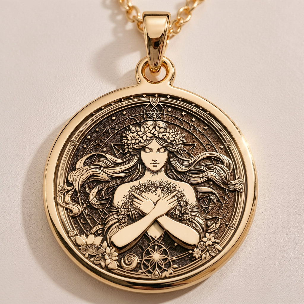 Harmonia Goddess Medallion Necklaces Gold tone round pendant necklace options featuring custom engraving in 14K Gold or 14K 14K 14K Gold Plated.