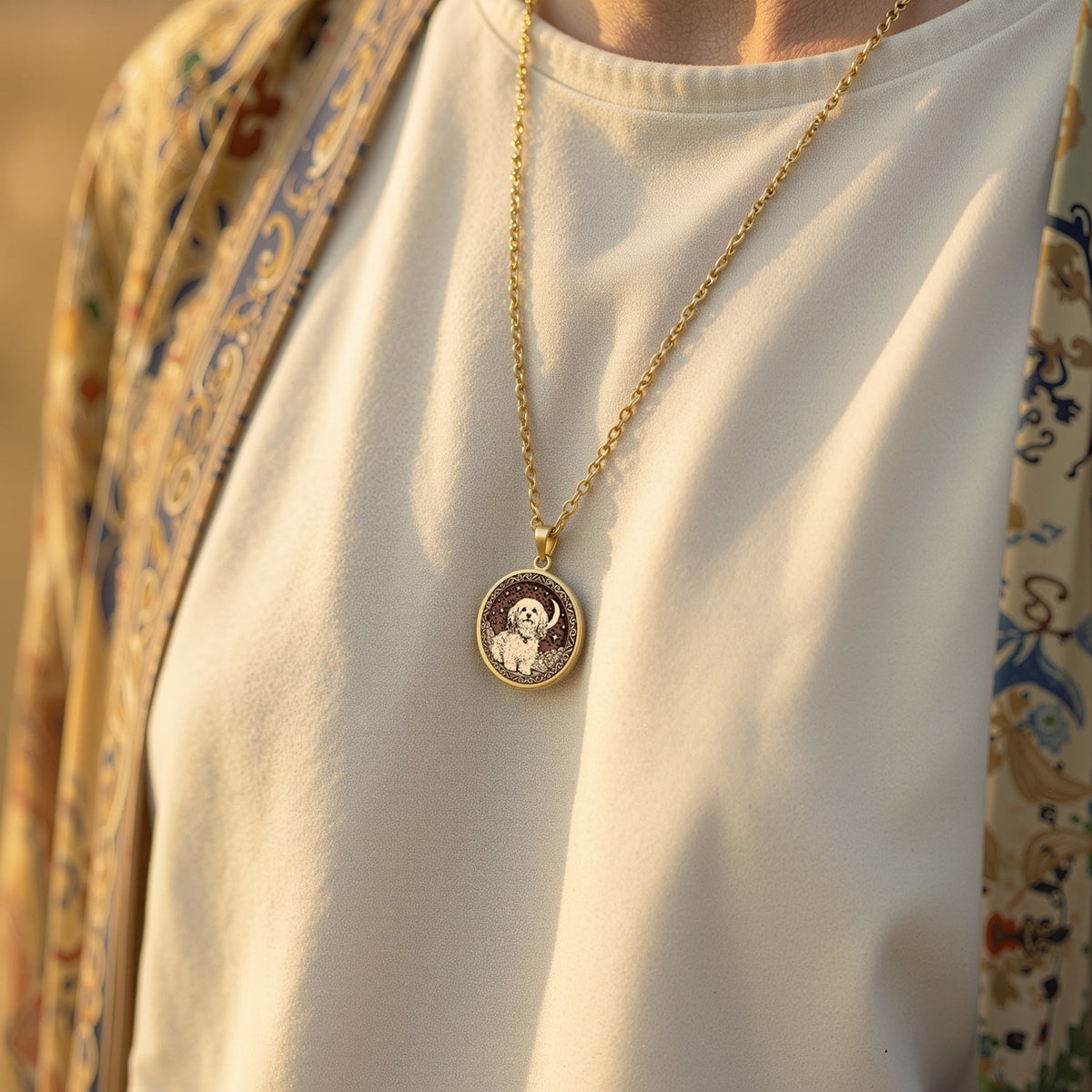 An heirloom-quality 14K solid gold Havanese tarot pendant. The art shows the fluffy dog under the moon, symbolizing a cheerful spirit, a precious dog mom gift.