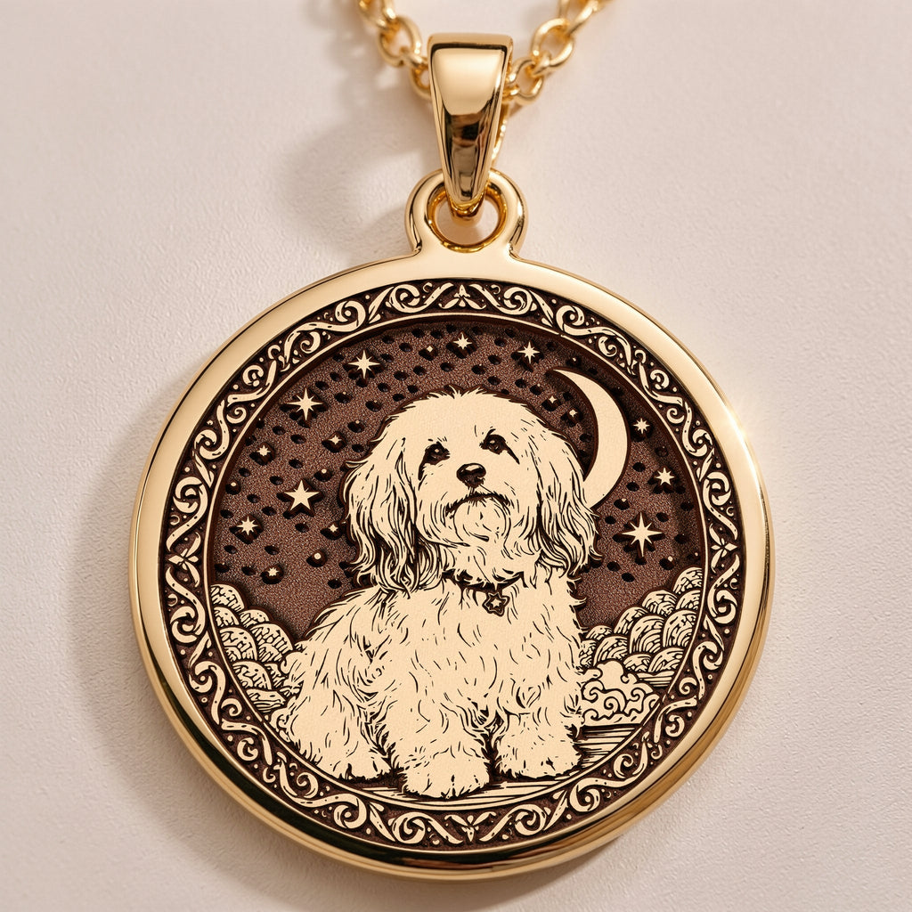 A custom rose gold plated Dog Lover tarot necklace. This piece is a perfect gift, honoring the fluffy and loving Havanese.