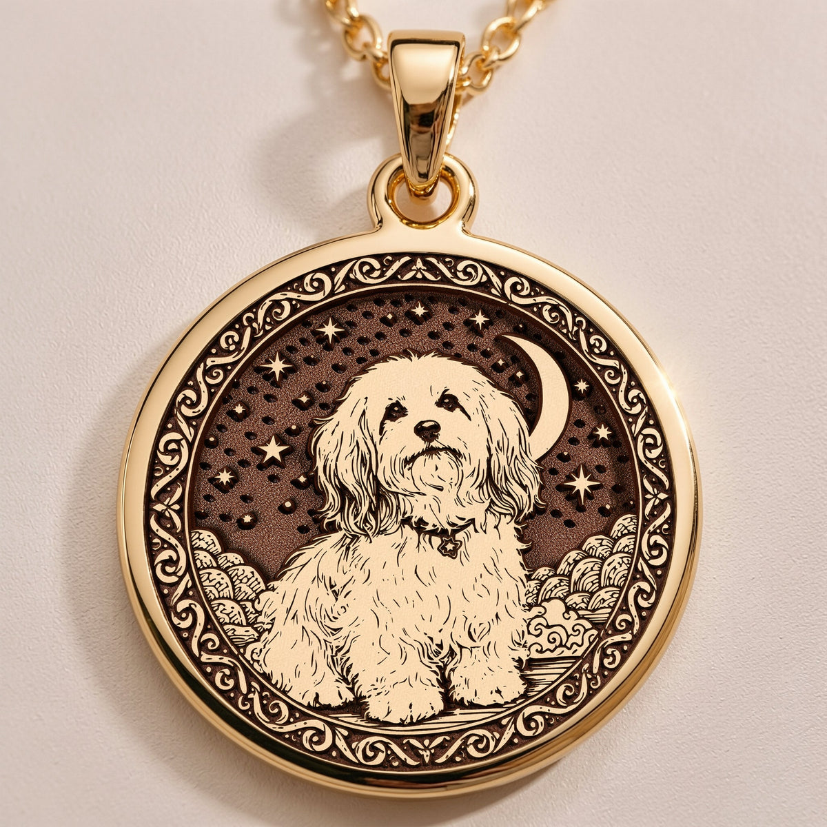 A custom rose gold plated Dog Lover tarot necklace. This piece is a perfect gift, honoring the fluffy and loving Havanese.