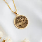 Goddess of Youth Hebe Pendant Necklaces 14K 14K Gold Plated pendant necklace featuring a circular classical scene design.