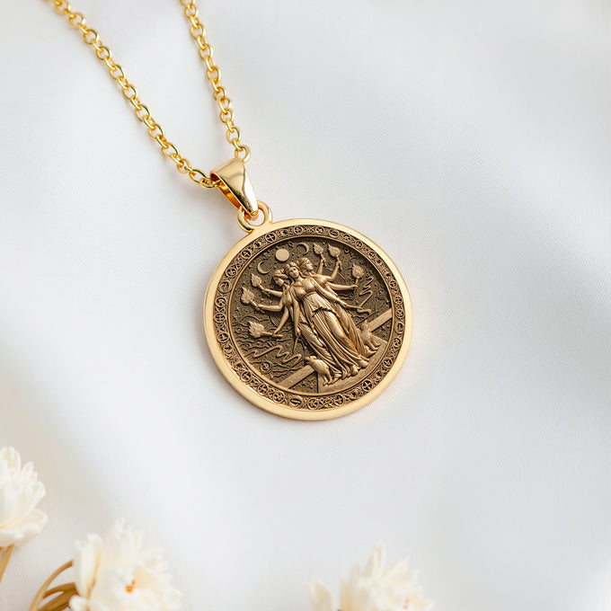 14K solid gold Hecate Goddess Pendant: round  of Hecate Greek dark goddess with engrave...