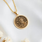 14K solid gold Hecate Goddess Pendant: round  of Hecate Greek dark goddess with engrave...