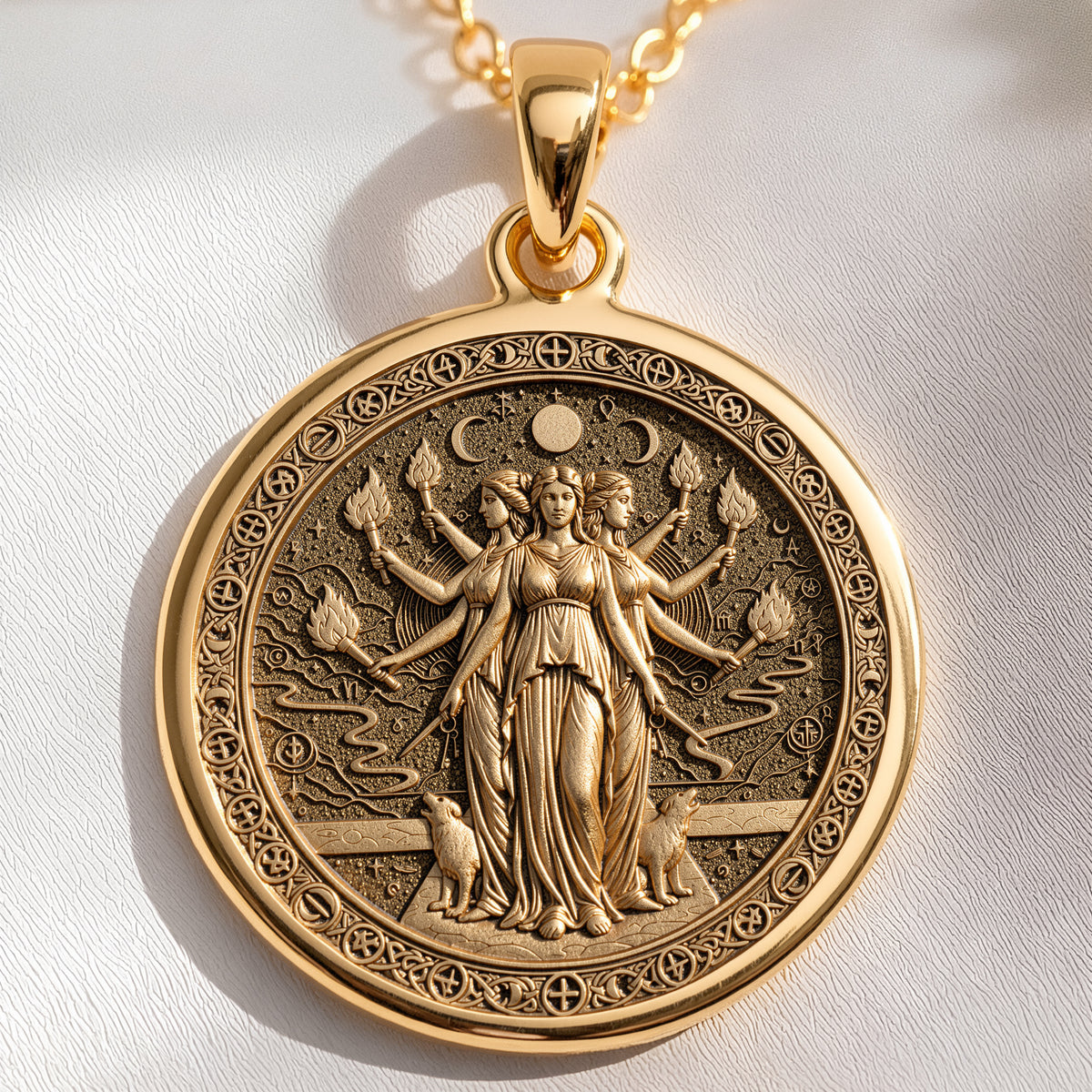14K solid gold Hecate Goddess Pendant: round  of Hecate Greek goddess with engraved tri...