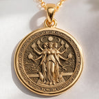 14K solid gold Hecate Goddess Pendant: round  of Hecate Greek goddess with engraved tri...