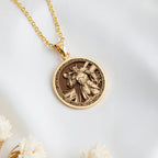 Heimdall Bifrost Guardian Pendant Necklaces 14K 14K Gold Plated pendant necklace featuring a detailed classical warrior design on a round disc.