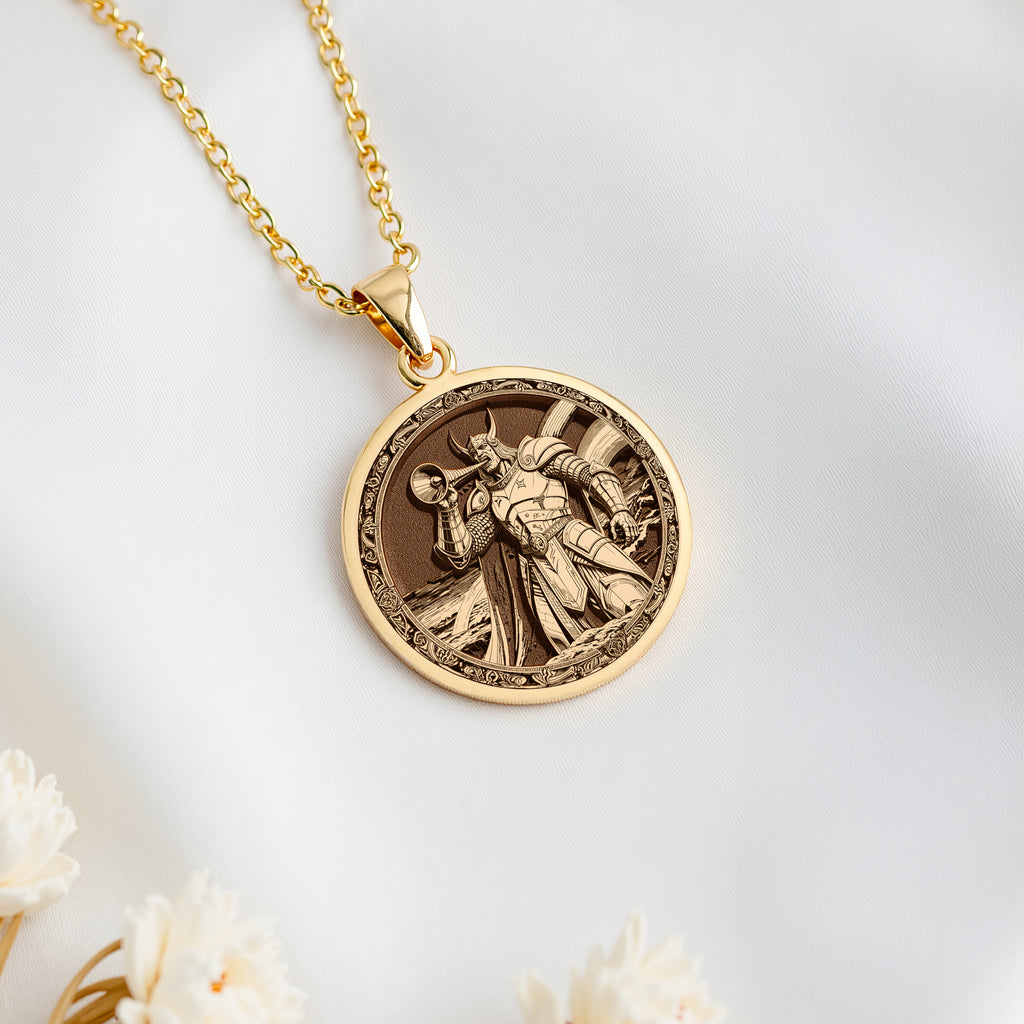 14K solid gold Heimdall Bifrost Guardian Pendant: round  of Heimdall Norse god with eng...