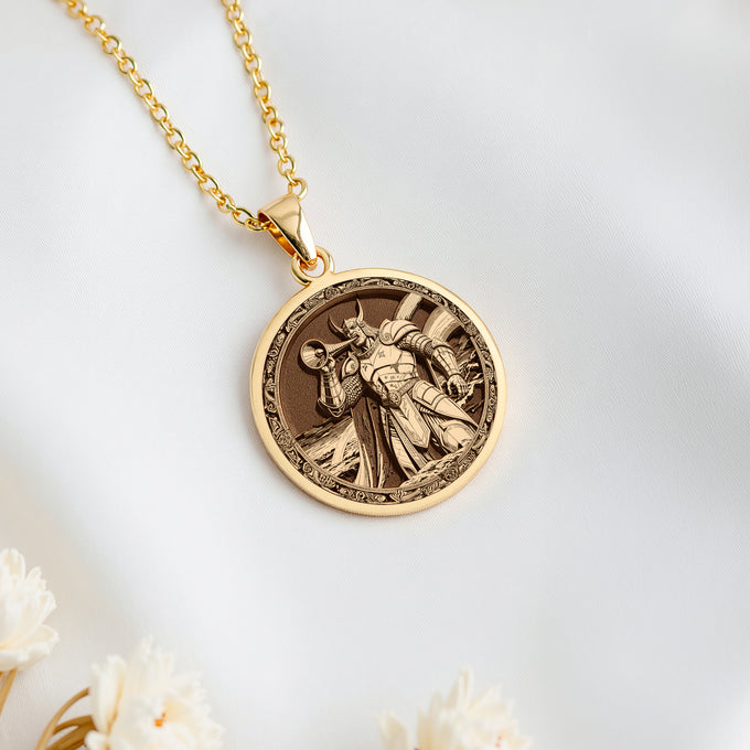 14K solid gold Heimdall Bifrost Guardian Pendant: round  of Heimdall Norse god with eng...