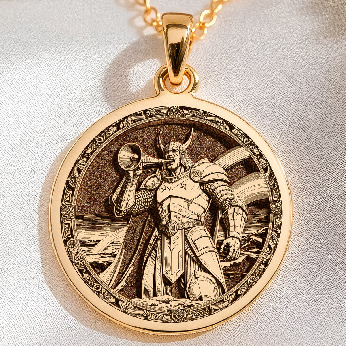 Heimdall Bifrost Guardian Pendant Necklaces 14K 14K Gold Plated pendant necklace featuring a warrior figure with armor and a trumpet design.