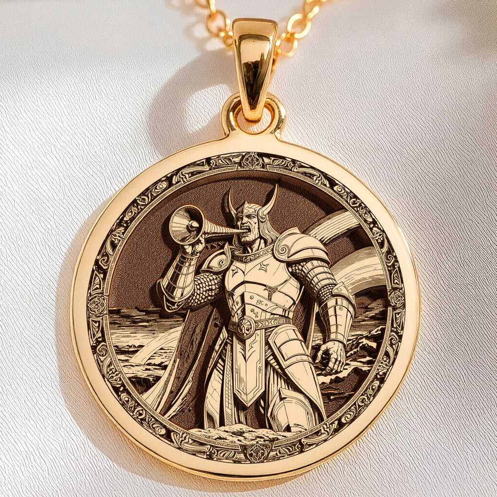 14K solid gold Heimdall Bifrost Guardian Pendant: round  of Heimdall Norse god with eng...
