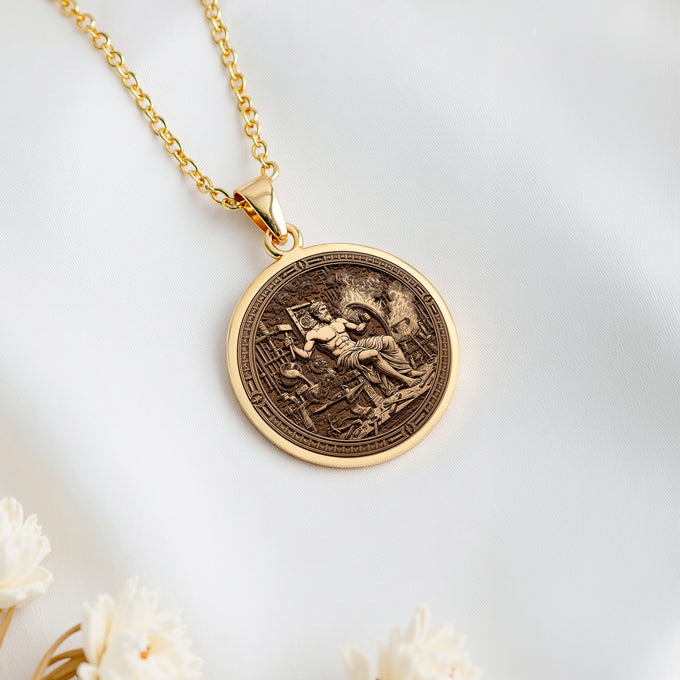 Hephaestus God of Fire Medallion pendant, 14K solid gold, antique finish. Ancient mythology protection talisman jewelry.