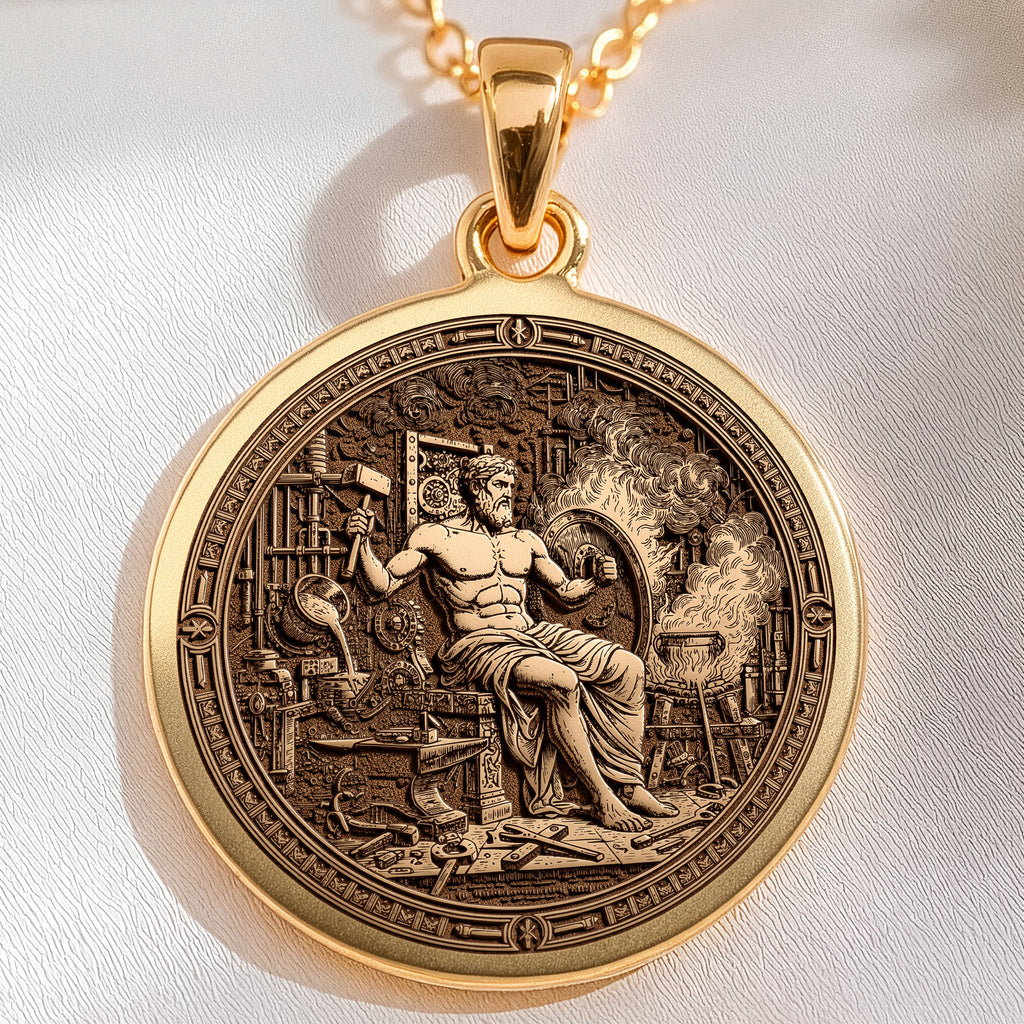 Hephaestus God of Fire Medallion Pendant | 14K Solid Gold - Ancient Mythology Protection Talisman
