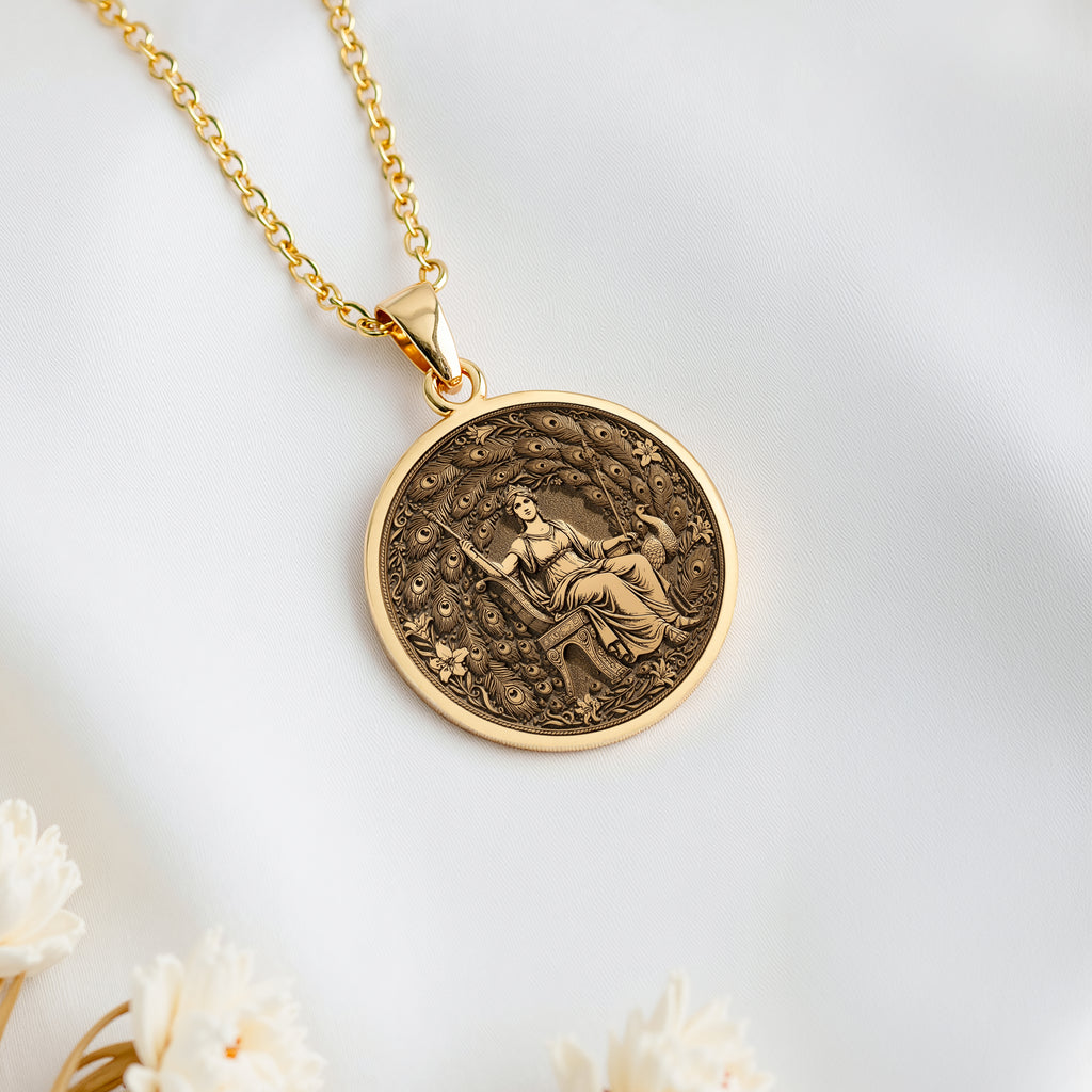 14K solid gold Hera Queen of the Gods Coin Pendant: round  of Hera Greek goddess with e...