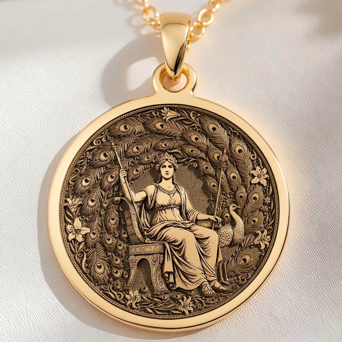 14K solid gold Hera Queen of the Gods Coin Pendant: round  of Hera Greek goddess seated...
