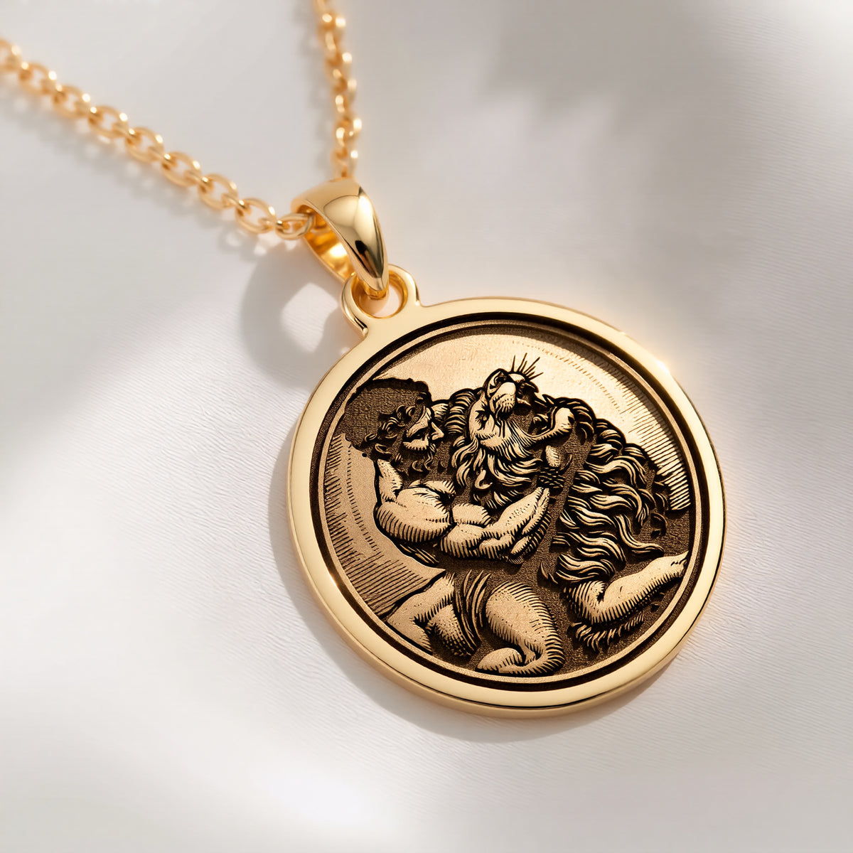 14K solid gold Hercules Lion Nemean Lion Pendant: round  of Hercules Greek hero wrestli...
