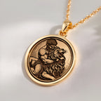 14K solid gold Hercules Lion Nemean Lion Pendant: round  of Hercules Greek hero with en...