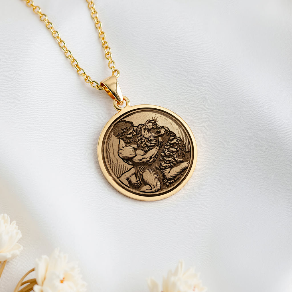 14K solid gold Hercules Lion Nemean Lion Pendant: round  of Hercules Greek hero with en...