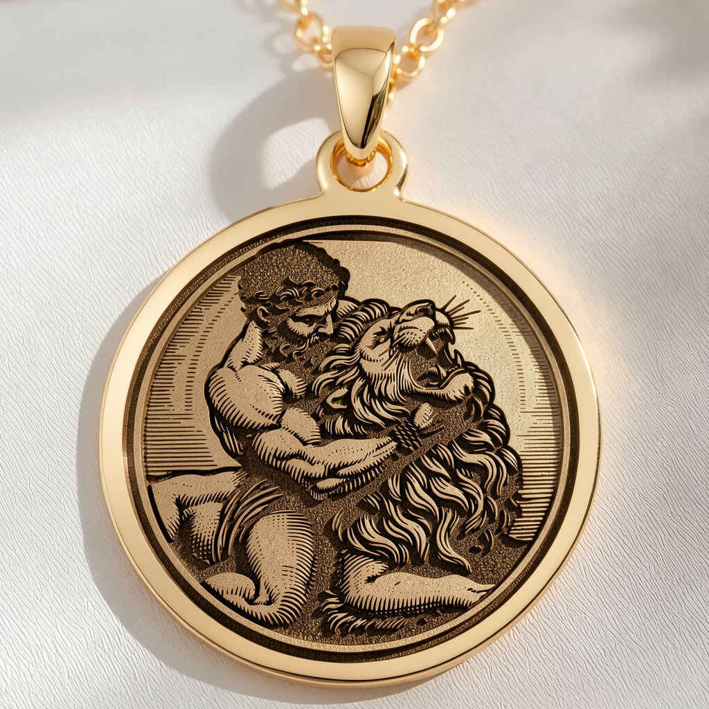14K solid gold Hercules Lion Nemean Lion Pendant: round  of Hercules Greek hero with en...