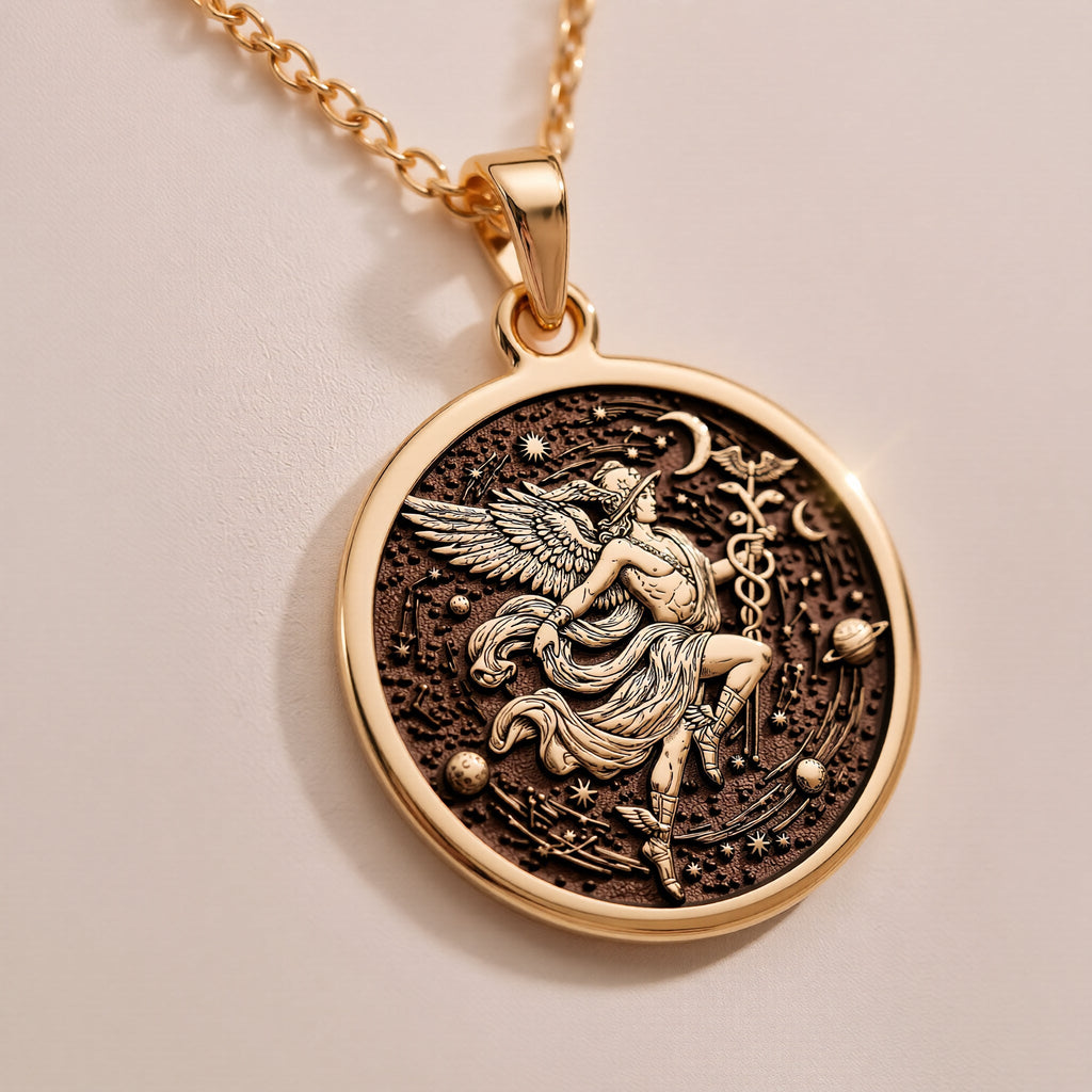 Hermes Medallion Pendant Necklaces 14K Rose 14K 14K Rose Gold Plated winged figure pendant necklace with intricate swirling design