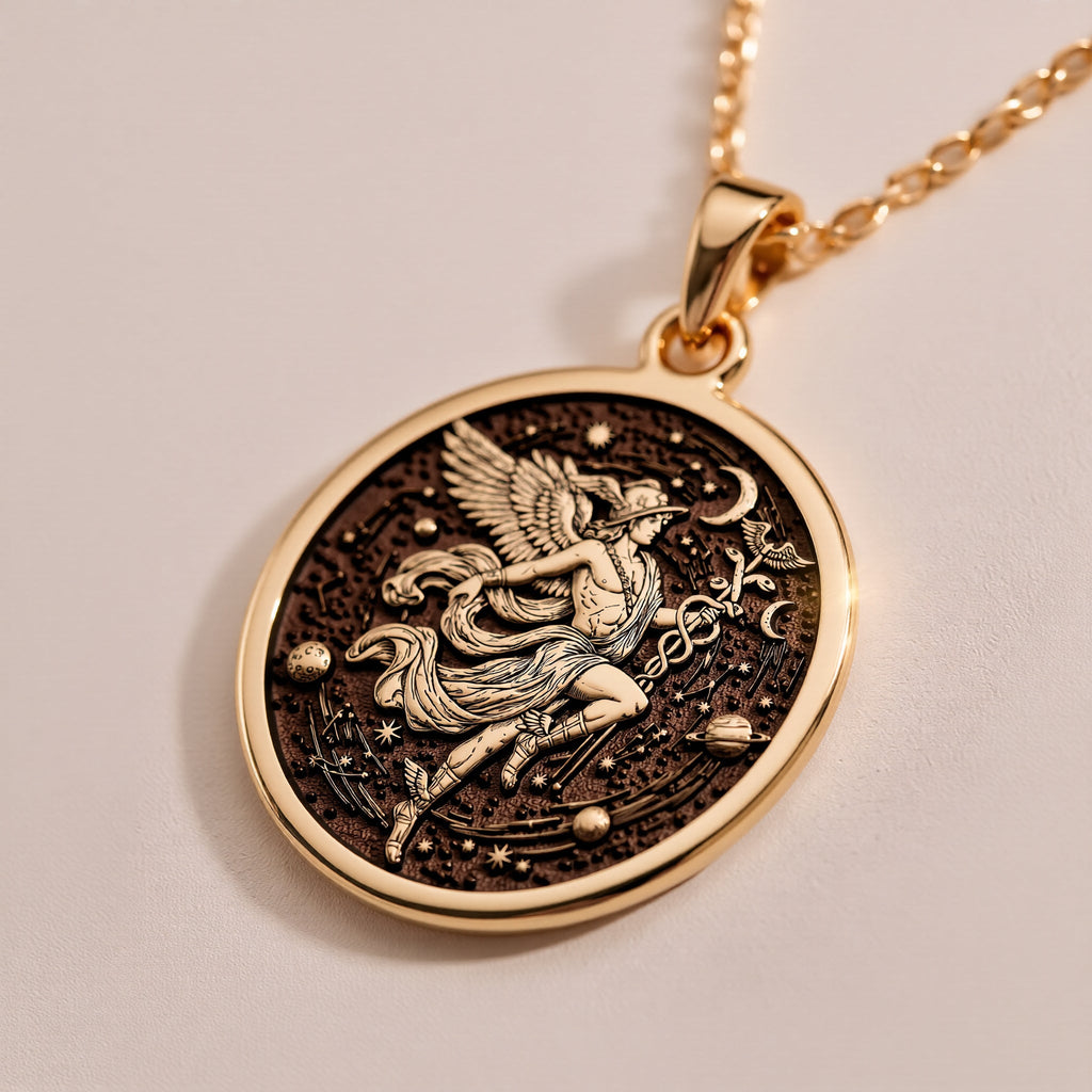 Hermes Medallion Pendant Necklaces Rose 14K Rose 14K 14K Rose 14K 14K Rose Gold Plated round pendant with winged figure design on dark fabric.