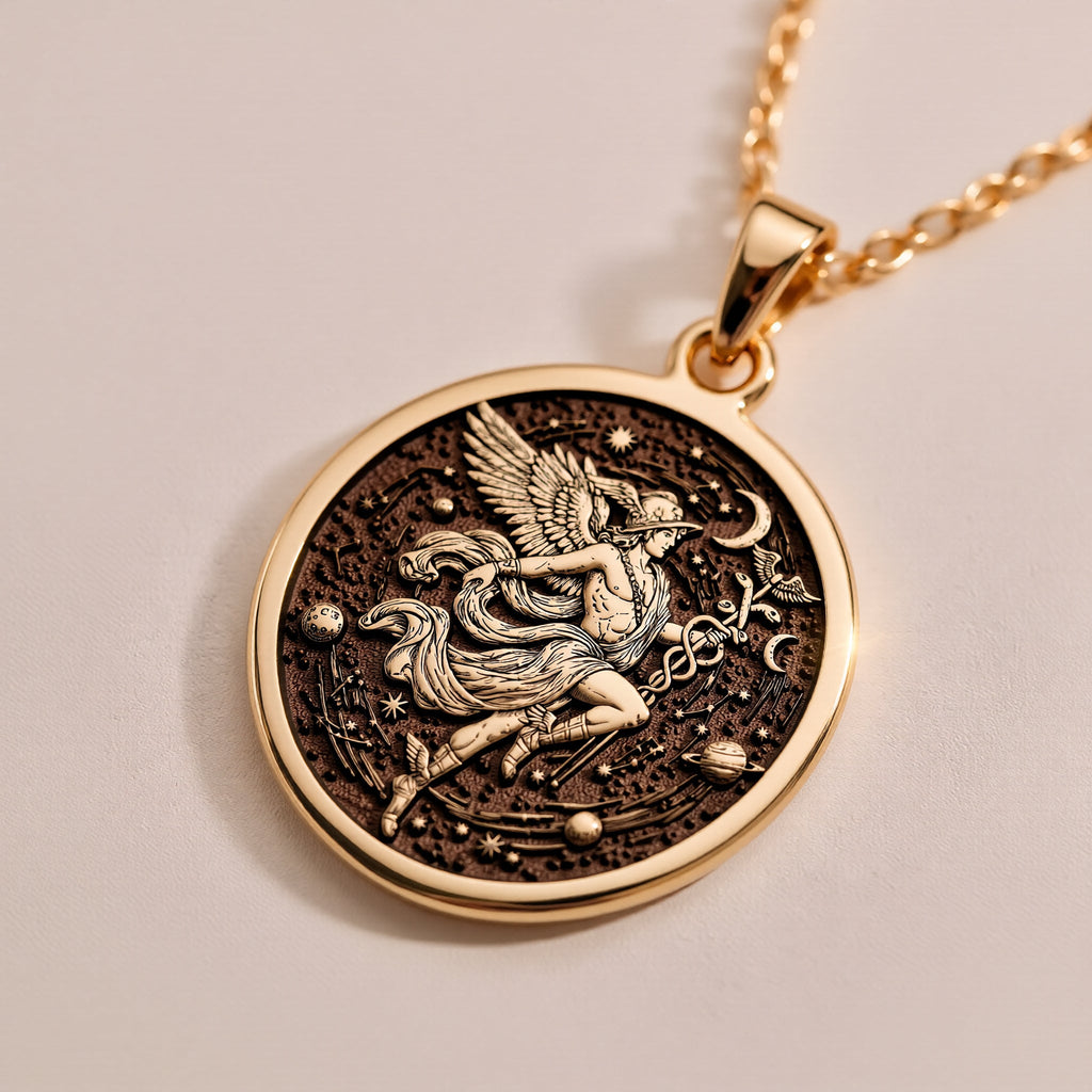Hermes Medallion Pendant Necklaces 14K 14K Gold Plated pendant necklace with engraved face design and chain size chart