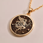 Hermes Medallion Pendant Necklaces 14K 14K Gold Plated pendant necklace with engraved face design and chain size chart