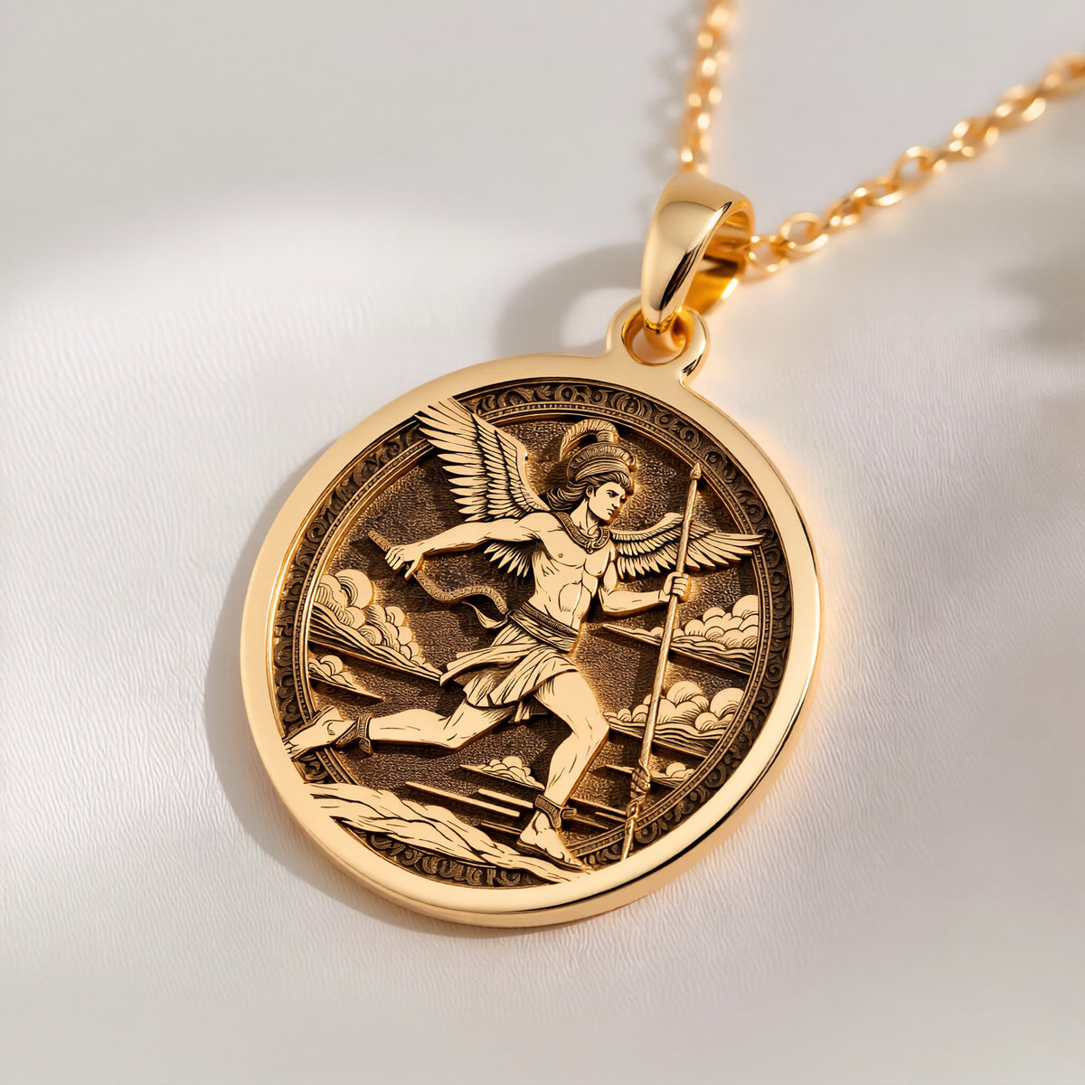14K solid gold Hermes Medallion Greek God Necklace: round  of Hermes Greek messenger go...