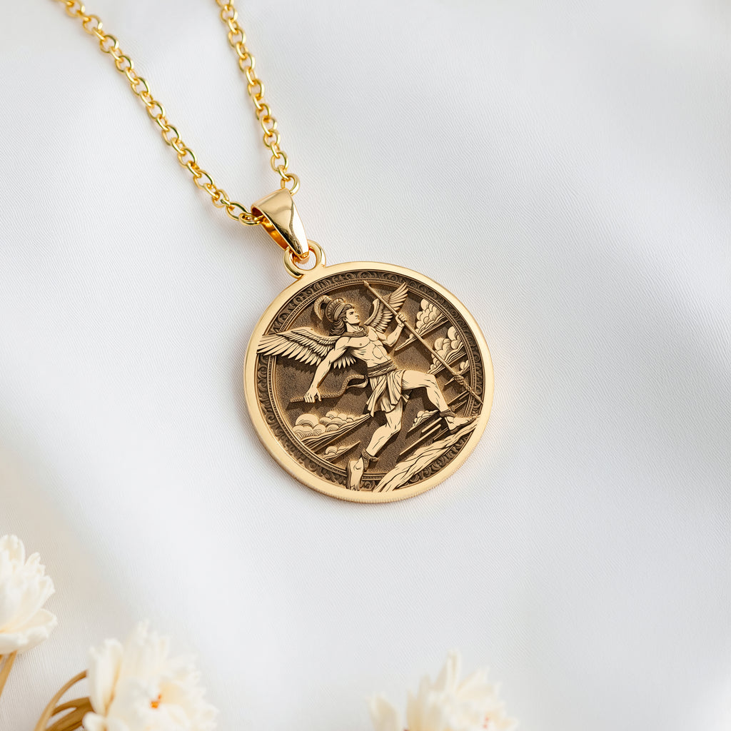 14K solid gold Hermes Medallion Greek God Necklace: round  of Hermes Greek messenger go...