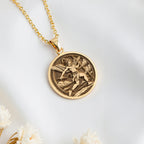 14K solid gold Hermes Medallion Greek God Necklace: round  of Hermes Greek messenger go...