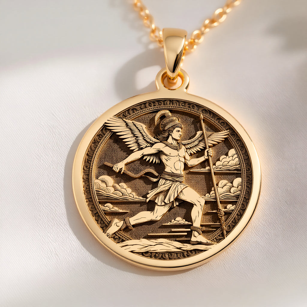 14K solid gold Hermes Medallion Greek God Necklace: round  of Hermes Greek messenger go...
