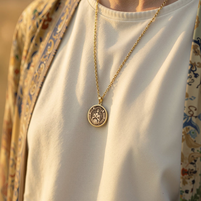 Hestia Goddess Hearth Pendant Necklaces 14K 14K Gold Plated round pendant featuring a draped winged female figure design.