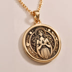 Hestia Goddess Hearth Pendant Necklaces 14K Rose 14K 14K Rose Gold Plated pendant necklace featuring a classical female figure design on a round disc.