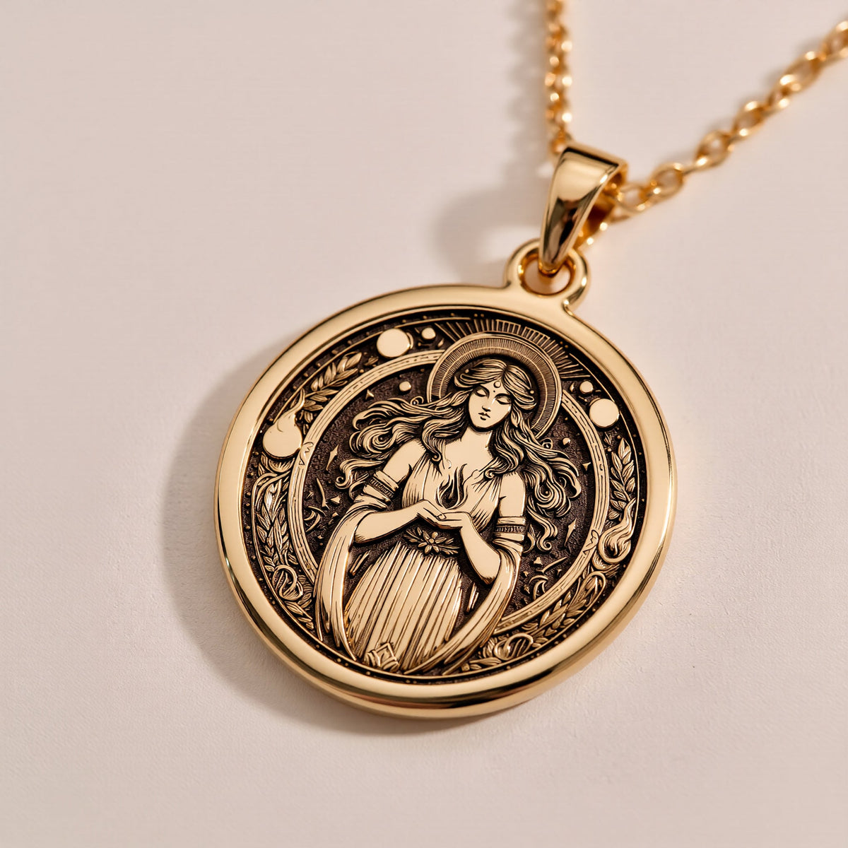 Hestia Goddess Hearth Pendant Necklaces size chart with pendant dimensions and chain length options