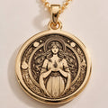 Hestia Goddess Hearth Pendant in 14K gold. Front view shows the goddess holding a flame within a circular medallion.