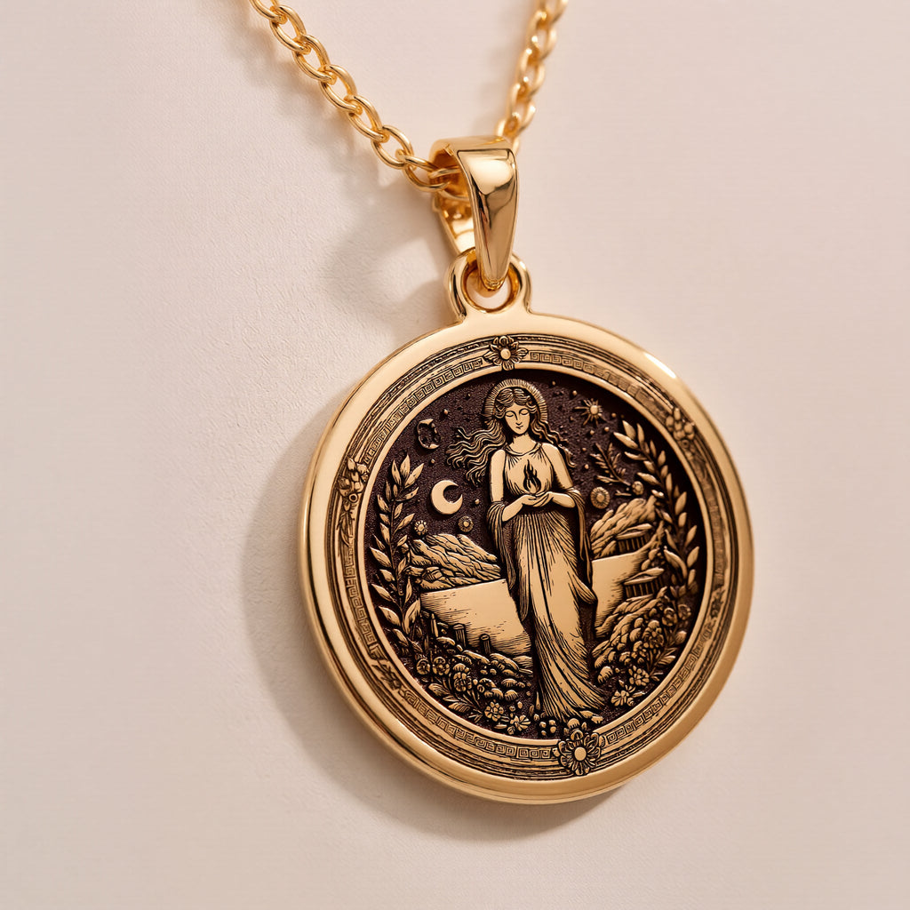 Hestia Goddess Medallion Necklaces 925 925 Sterling Silver round pendant with a detailed female figure and light stone necklace