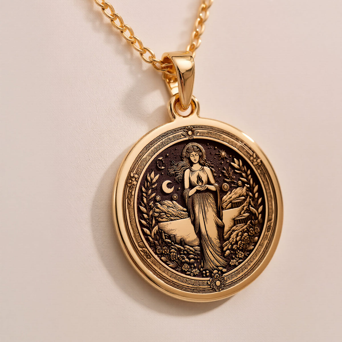 Hestia Goddess Medallion Necklaces 925 925 Sterling Silver round pendant with a detailed female figure and light stone necklace