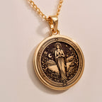 Hestia Goddess Medallion Necklaces 925 925 Sterling Silver round pendant with a detailed female figure and light stone necklace