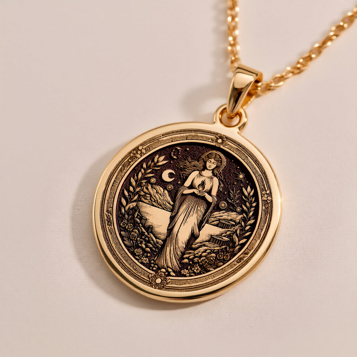 Hestia Goddess Medallion Necklaces Rose 14K Rose 14K 14K Rose 14K 14K Rose Gold Plated round pendant featuring a detailed classical female figure necklace