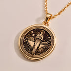 Hestia Goddess Medallion Necklaces Rose 14K Rose 14K 14K Rose 14K 14K Rose Gold Plated round pendant featuring a detailed classical female figure necklace