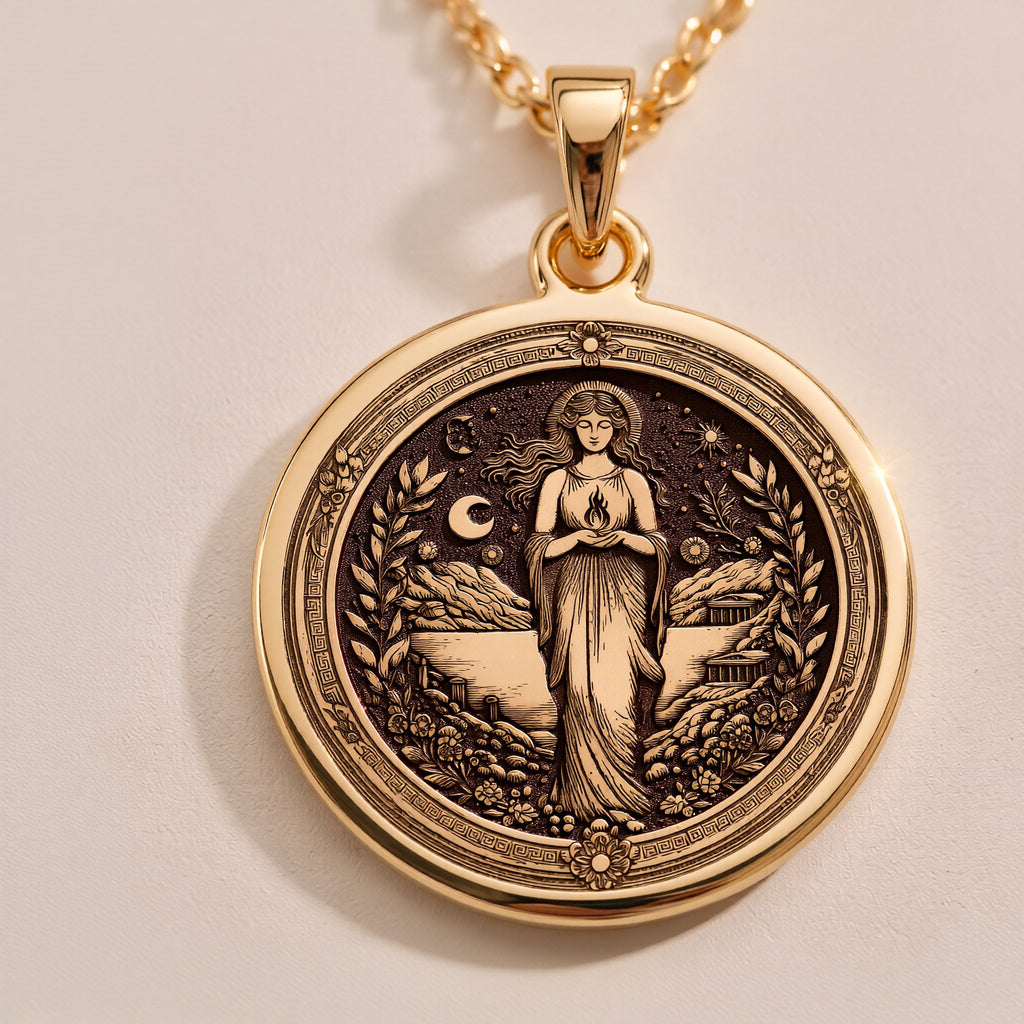 Hestia Goddess Medallion Necklaces 14K Rose 14K 14K Rose Gold Plated pendant necklace featuring a classical female portrait design on a round disc.