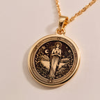 Hestia Goddess Medallion Necklaces 925 925 Sterling Silver metal pendant necklace with engraved portrait design and size charts.