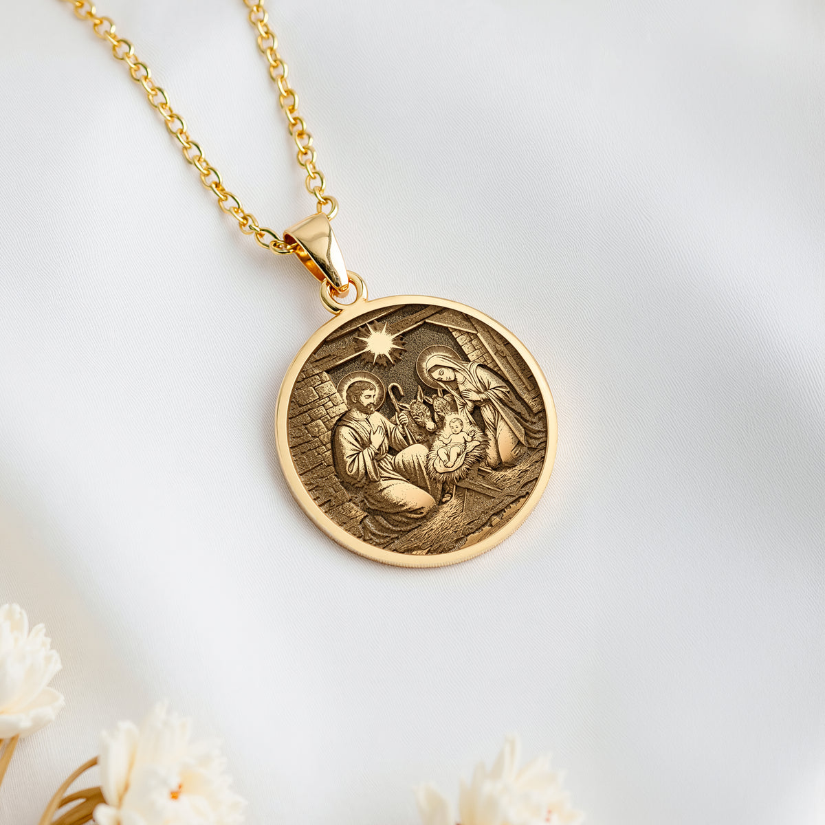 Holy Family Nativity Scene Pendant Necklaces 14K 14K Gold Plated pendant necklace featuring a circular religious scene with figures on a white background.